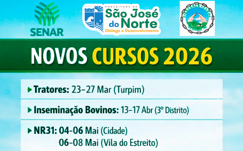 MUNICÍPIO ANUNCIA PROGRAMAÇÃO DE CAPACITAÇÕES RURAIS GRATUITAS PARA 2026